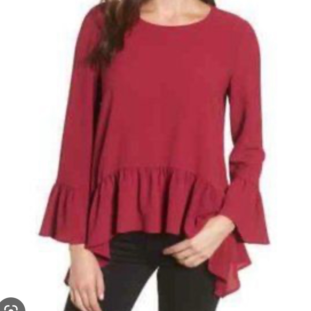 Gibson Ruffle Bell Sleeve Shark Bite Asymmetrical Top